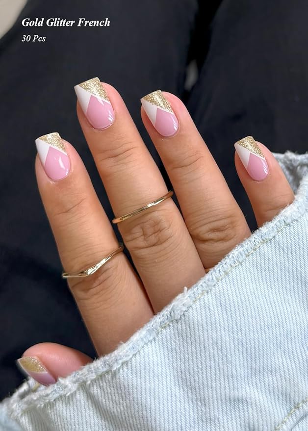 Semi Cured Gel Nail Strips (Gold Glitter French), White, 30 Pcs Gel Nail Wraps, Stickers, UV Light Required