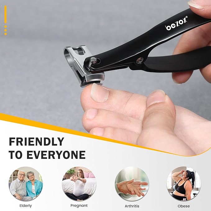 BEZOX Long Handle Toenail Clippers for Seniors – 360° Rotating Jaw Toe Nails Clipper for Thick Nails with an Ergonomic Palm-Grip, Finger Naill Clippers Adult for Men and Women - Black
