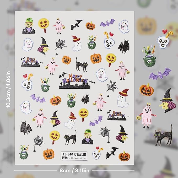Halloween Nail Stickers for Nail Art - Ghost Witch Nail Art Sticker Halloween 5D Embossed Nail Decals Self-Adhesive Nails Supply Manicure Stickers for Nails Decoration