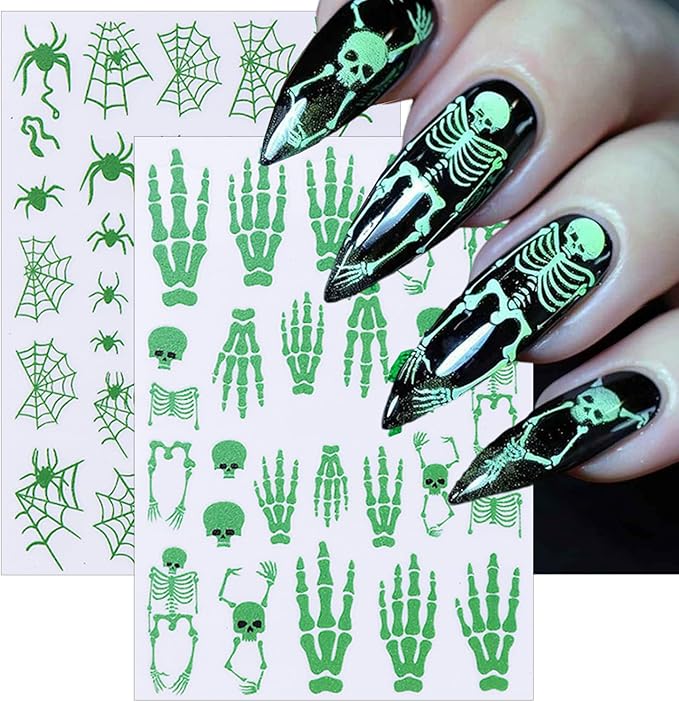 Halloween Nail Stickers,Skull and Spider Webs Design 3D Self-Adhesive Nail Decals Glow in The Dark Halloween Nail Art Decorations DIY Manicure Supplies for Women Girls 2 Sheet
