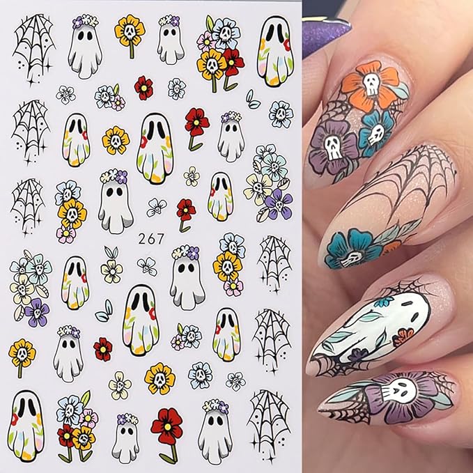 8 Sheets Ghost Nail Art Stickers Halloween Nail Decals 3D Self-Adhesive Bats Spider Web Ghost Autumn Flowers Sticker Nail Design Acrylic Nails Decoration Accessories for Women Holiday Nails