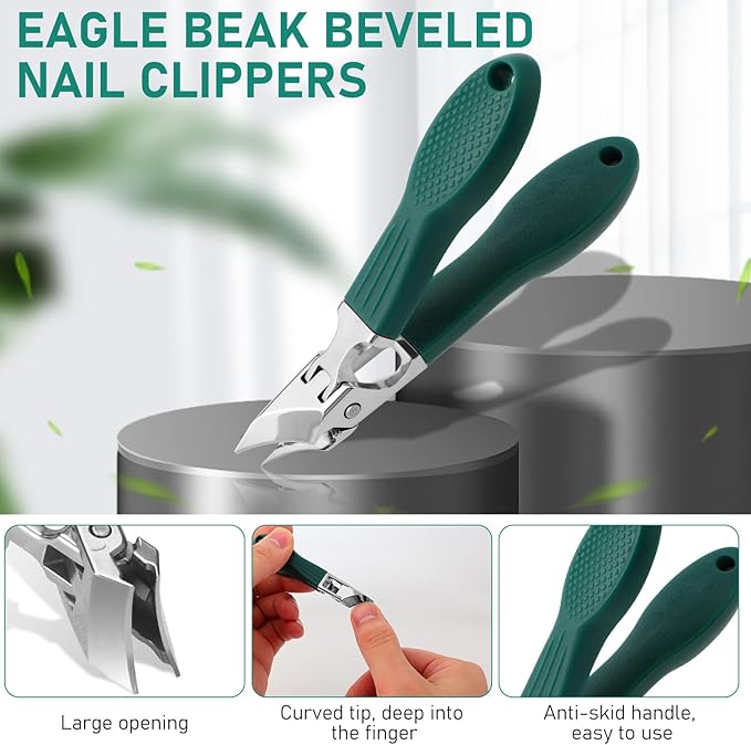 Splashproof 25° Beveled Edge Nail Clippers 3-Piece Set, Long Handle Wide Jaw Opening Anti-Splash Slanted Nail Clipper, for Thick and Ingrown Nails, Includes Nail File for Complete Nail Care
