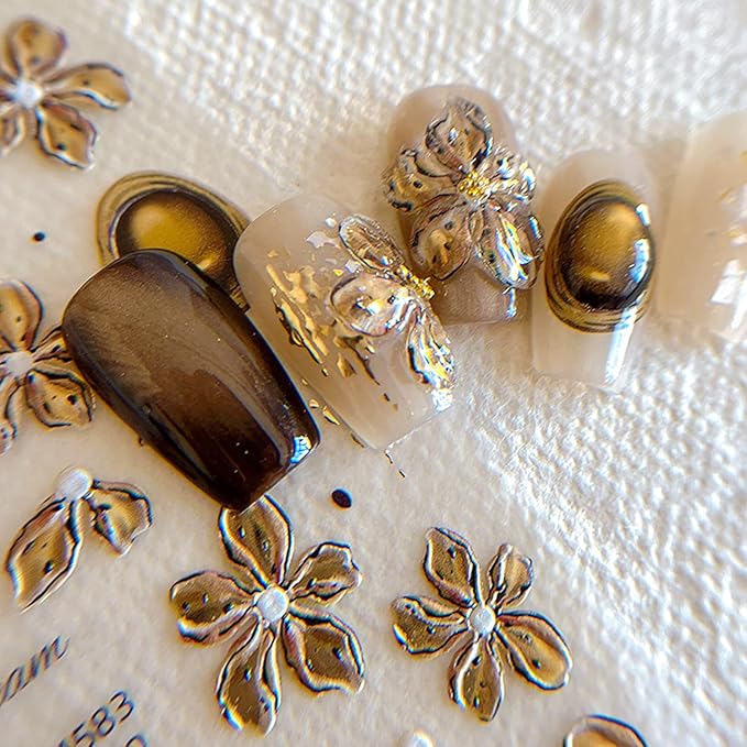 1Sheet Self-Adhesive Bronzing Devil Flower Nail Art Stickers 5D Embossed Light Brown Flowers Designs Nail Decals Cute Floral Nail Stickers Spring Summer Nail Art Supplies for Women Nails Decoration