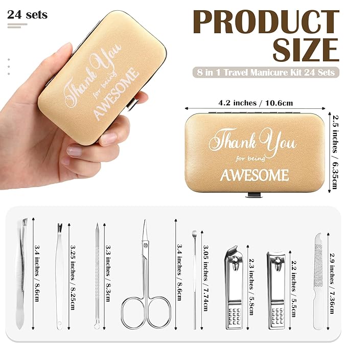 Therwen 24 Sets Manicure Set Nail Clippers 8 in 1 Stainless Steel Grooming Nail Kit Thank You Appreciation Gift Professional Pedicure Tool for Men Women Personal Care(Gold)