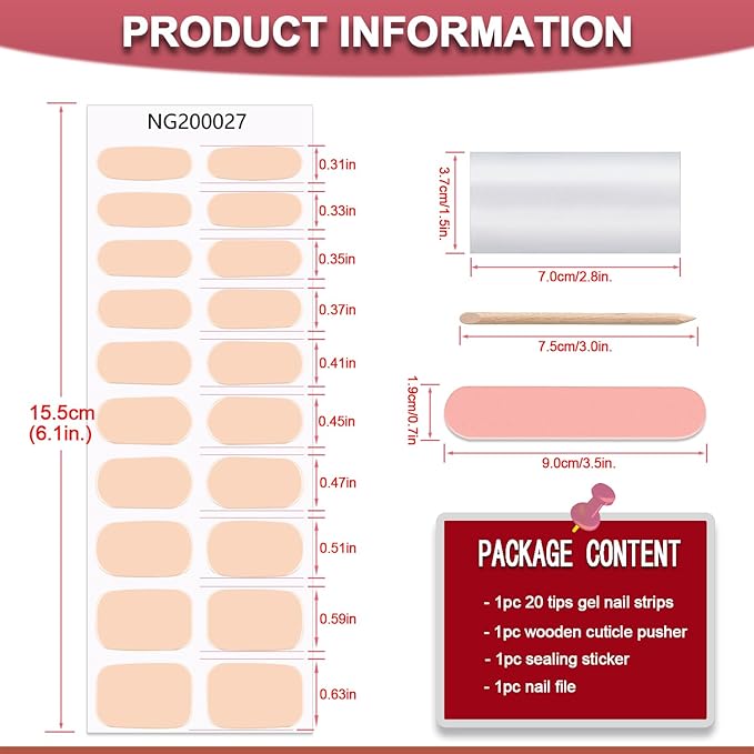 WOKOTO 20 Pcs Bisque Semi Cured Gel Nail Polish Strips With Nail File & Wooden Stick Holographic Gel Nail Strips UV Gel Nail Stickers Full Nail Wraps Stick On Nail Polish Stickers For Women