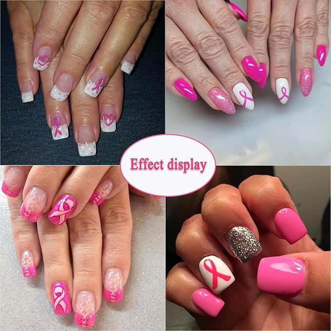 Breast Cancer Nail Art Stickers 3D Self-Adhesive Pink Ribbon Nail Stickers Heart Breast Cancer Awareness Design Nail Decals Stickers for Women Girls DIY Manicure Decoration 8Sheets