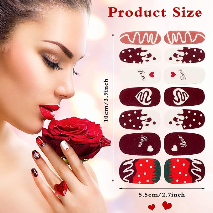 140 Pcs 10 Sheets Valentine's Day Full Wrap Nail Stickers Polish Strips Gradient Stickers Glitter Self Adhesive DIY Art Decals Strips with 2 Pcs Nail Files for Valentine Decor (Sweet Style)