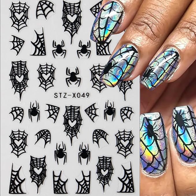 Spider Nail Art Stickers Black and White Spider Spider Web Nail Decals 3D Self-Adhesive Halloween Nail Sticker Spider Design Halloween Nail Art Decoration Holiday Nail Charms for Women 8 Sheets