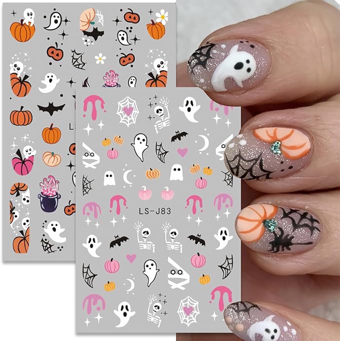 6 Sheets Halloween Nail Art Stickers Cute Spooky Pumpkin 3D Self-Adhesive Nail Decals Spider Nail Design Stickers Bat cat Nail Stickers for Women Girls Halloween DIY Acrylic Manicure Salon