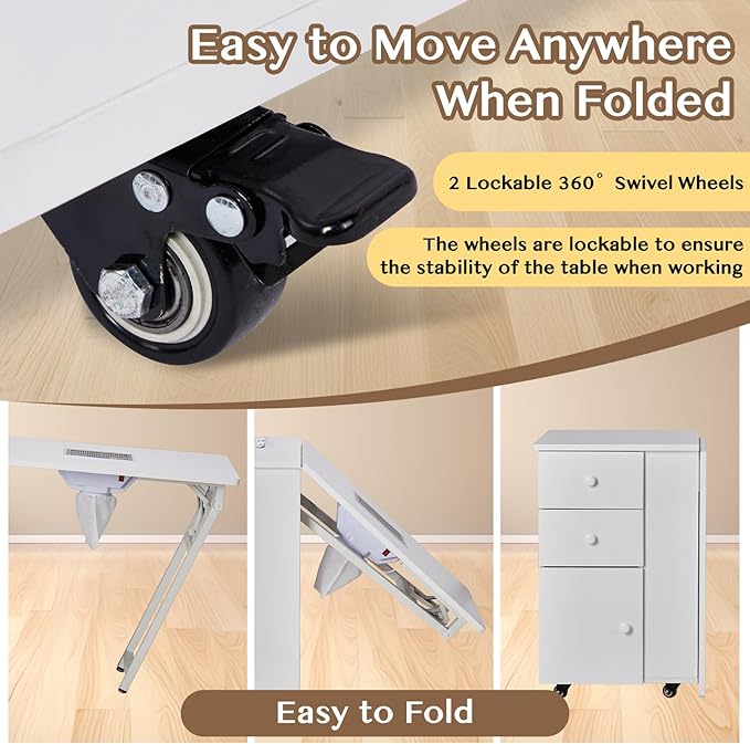 Winado Foldable Manicure Table Nail Table for Nail Tech, Nail Desk Station Makeup Beauty Salon Storage Acetone Resistant with Electric Dust Collector, Lockable Wheels, Wrist Cushion, Drawers & Cabinet
