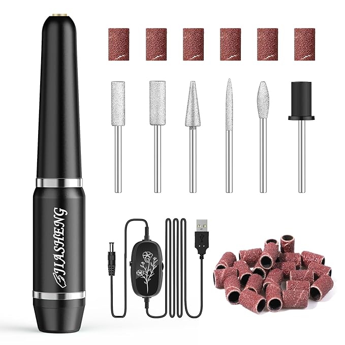 JIASHENG USB Electric Nail Drill, Portable File for Acrylic Gel Nails, Professional Manicure and Pedicure Kit With Drill Bits for Home and Salon Use, Black