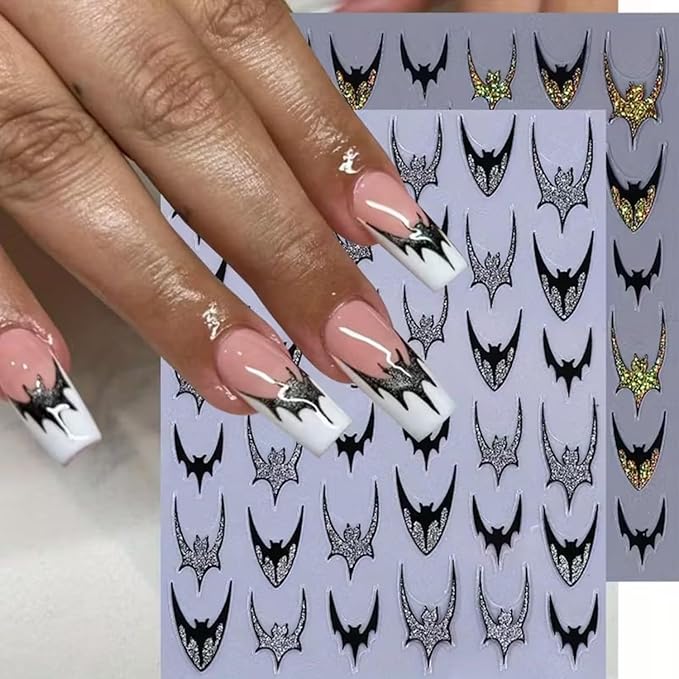 Halloween Nail Art Stickers 3D Bat Nail Stickers Colorful Bat Nail Art Decals Self-Adhesive Nail Decals Horror Nails Design Supplies Laser Gold Silver Red Purple Bats Nails Decorations Accessories