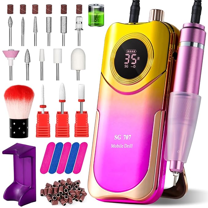 Professional Electric Nail Drill Kit 35000RPM with 14PCS Bits Purple Gold Portable Rechargeable Cordless File Machine for Acrylic Gel Powder Nails and Manicure Pedicure Toenail Tool Salon Set