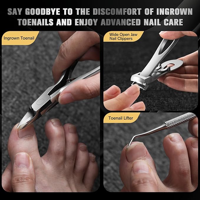 FERYES 4PCS Ingrown Toenail Kit – Toenail Clippers for Thick and Ingrown Toenails, Toe Nail Clipper with Thick Toenail File and Toenail Lifter - Complete Toenail Care Set for Men and Women, Silver