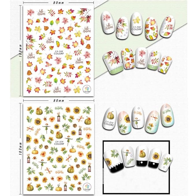 Kalolary Autumn Fall Nail Art Stickers Decals Maple Leaves Decals 3D Nail Stickers Harvest Pumpkin Maple Leaves Sunflower Squirrel for Women Girls Kids DIY Nail Design-12 Sheets