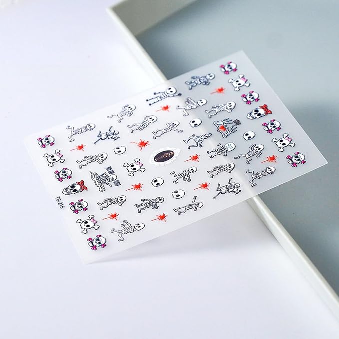 Halloween Skull Nail Art Stickers Decals 5D Embossed Skeleton Nail Decals Self-Adhesive Bloody Skull Heart Nail Art Supplies Horror Hand Bones Halloween Nail Stickers for Women Manicure Decoration