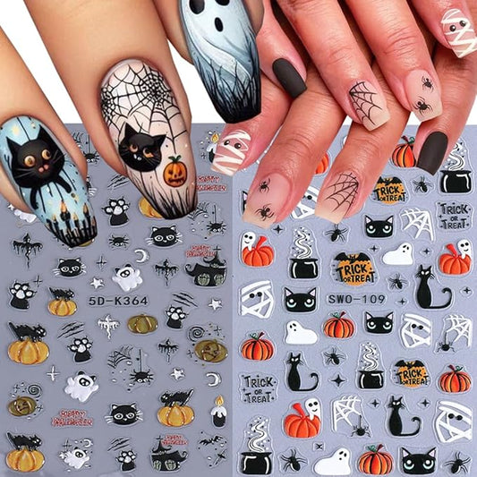 2 Sheets Halloween Nail Stickers for Nail Art, 5D Embossed Self-Adhesive Pumkin Cat Spider Web Nail Decals, Ghost Nail Supplies Nail Art Design Accessories for Women and Girls Manicure DIY Decoration