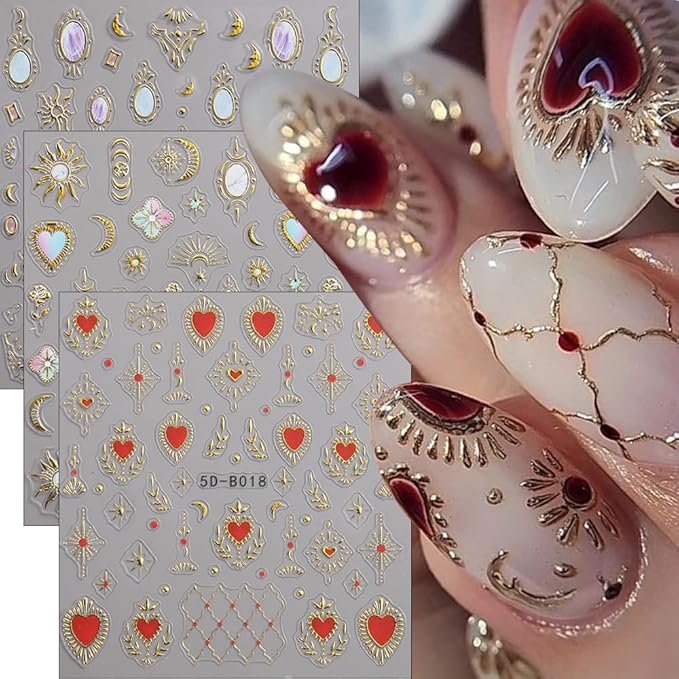 Stars Sun Moon Nail Art Stickers Decals 3D Self Adhesive Gold Stars Sun Moon Nail Stickers Nail Design Stickers Women Manicure Supplies DIY Sticker French Tips Nails Decals for Salon