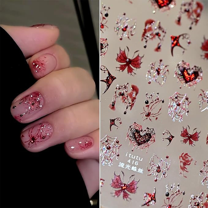 1 Sheets Halloween Nail Stickers for Nail Art 3D Self -Adhesive Spider Web Spider Nail Art Sticker Red Blood Drop Butterfly Heart Designs Stickers Horror Gothic Nail Decal for Women DIY Nail Salon