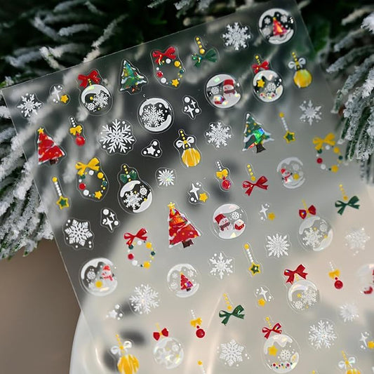 1 Sheet Christmas Nail Art Stickers Snowflake Nail Decals Bow Star Red Green Yellow Ball Christmas Nail Design Relief Wreath Stickers for Manicure Supplies for Women Nail Decoration