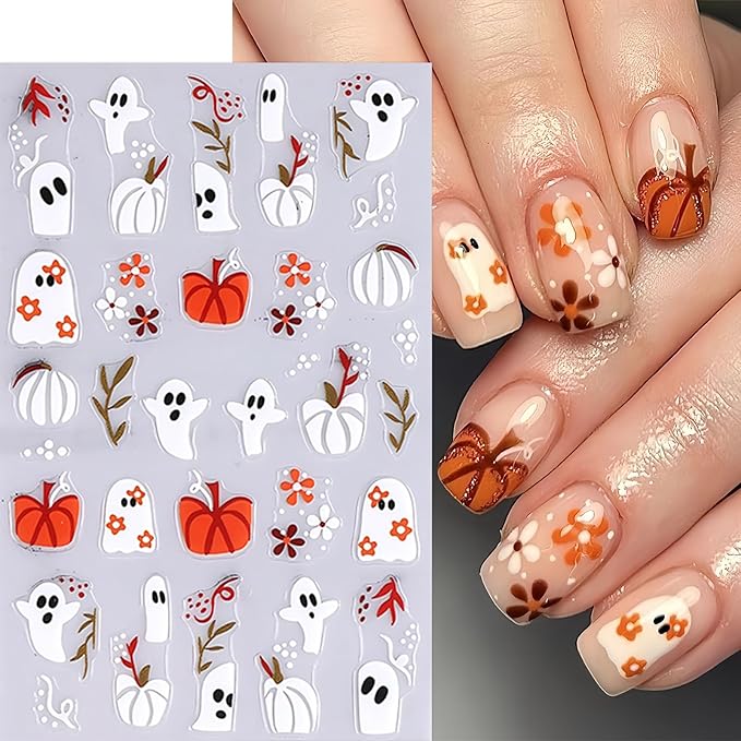 8 Sheets Cute Ghost Nail Stickers for Nail Art,5d Embossed Cute Ghost Nail Art Stickers Self Adhesive Pumpkin Spider Web Nail Decals Skeleton Flower Manicure Sliders for Women Nails Decorations