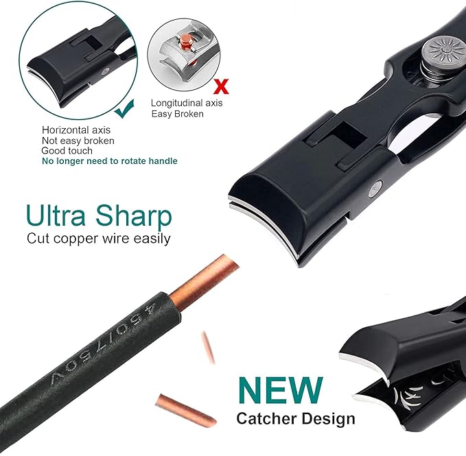 Toenail Clippers for Men Thick Nails Large Wide Jaw Opening Portable Ultra Sharp Nail Clippers with Catcher Heavy Duty Fingernail Cutter for Adult Seniors Women (Black with File)