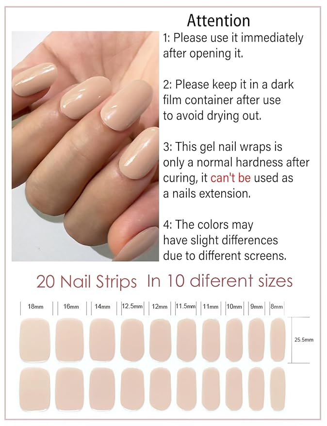 Semi Cured Gel Nail Strips, 20pcs N Nude Gel Nail Stickers Work with UV, Gel Nail Wrapsfor Home Nail Art DIY, Easy to Use and Remove