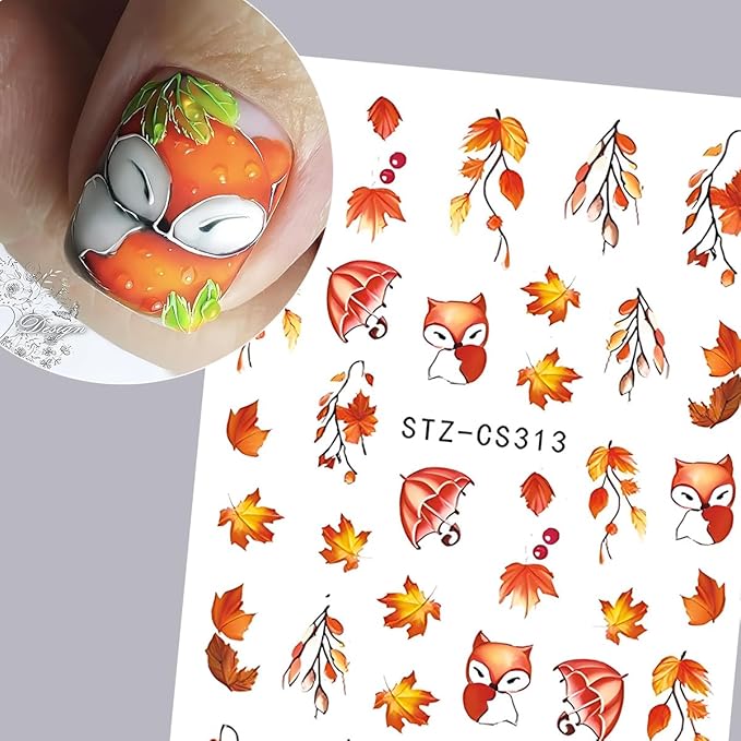 Fall Nail Art Stickers, Cute Fox Nail Art Decals 3D Self-Adhesive Maple Leaves Pumpkin Bow Nails Stickers Fall Blossom Flowers Nail Design 8Pcs Nail Art Supplies for Women Nail Decoration