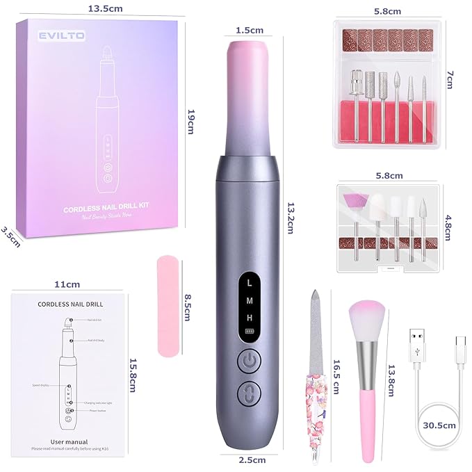 Electric Nail Files Cordless, Professional Nail Drill LCD Display with 12 Bits 30000RPM Rechargeable Manicure Pedicure EFile for Gel Nail Polish Acrylic Nails Thick Toenails Removal, Grey Pink