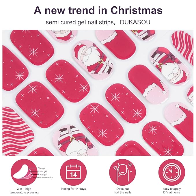 Semi Cured Gel Nail Strips,28 pcs Christmas Nail Stickers for Women,Long Lasting Gel Strips with Any UV Light,Red Santa Sticker for Nails Easy to Apply