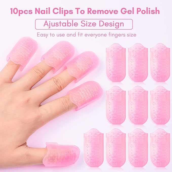 Makartt Nail Polish Remover Tools Kit 10 Pcs, Soak Off Cap Clips, with Double-Ended Cuticle Pusher for UV Gel Polish Removal, Acrylic Art Manicure Accessories, Pink