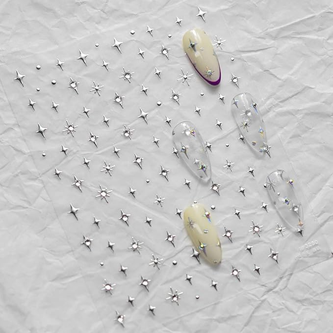 1Sheet Silver Star Nail Decals 5D Embossed Self-Adhesive Diamond Star Nail Sticker Shiny Rhinestones Stars Nail Design Holographic Stars Nails Decoration Mini Nails Supplies for Women Manicure DIY