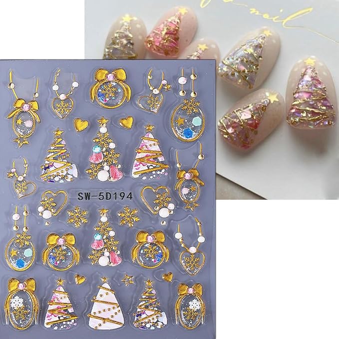 Christmas Nail Stickers 5D Bow Christmas Tree Lantern Ball Nail Art Stickers Winter Embossed Nail Decals Self-Adhesive Xmas Heart Elk Design Sticker Holiday Nail Art Decoration for Women Manicure 3Pcs
