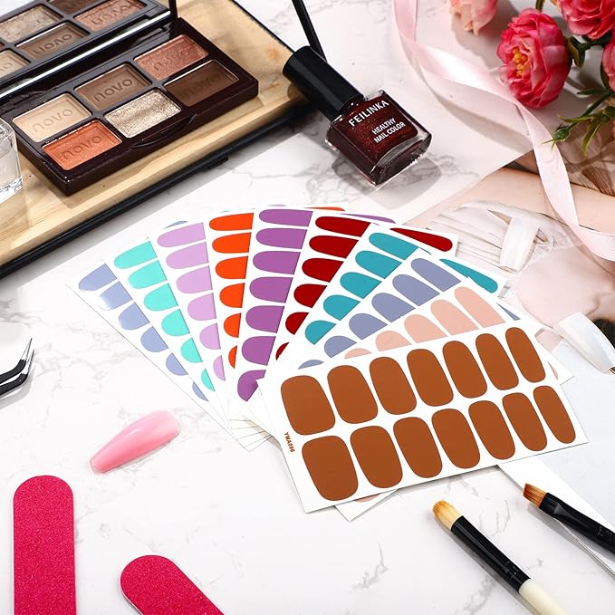 140 Pcs 10 Sheets Solid Color Full Wrap Nail Stickers Polish Strips Gradient Stickers Glitter Self Adhesive DIY Art Decals Strips with 2 Pcs Nail Files for Holiday Decor (Pure Color Style)