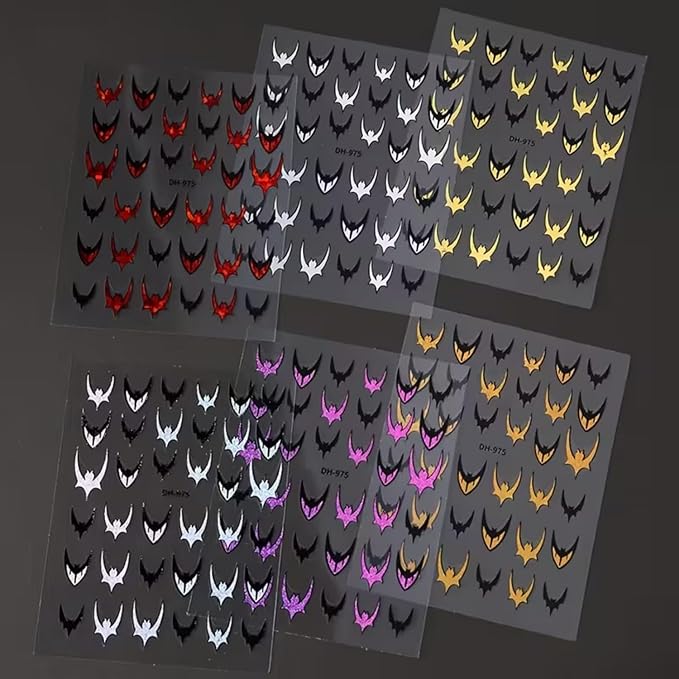 Halloween Nail Art Stickers 3D Bat Nail Stickers Colorful Bat Nail Art Decals Self-Adhesive Nail Decals Horror Nails Design Supplies Laser Gold Silver Red Purple Bats Nails Decorations Accessories