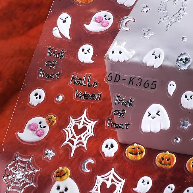 Halloween Nail Art Stickers Black Cat 5D Self-Adhesive Nail Stickers Cute Ghost Nail Decals Pumpkin Nail Art Spider Web Nail Decals Decoration Accessories for Women and Girls 2 Sheets