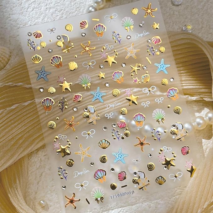 1Sheet 5D Embossed Gold Seashell Starfish Nail Art Stickers Self-Adhesive Bronzing Shell Starfish Nail Decals with Pearl Rhinestone Design Nail Sticker Summer Ocean Nails Supply for Women Nails Decor