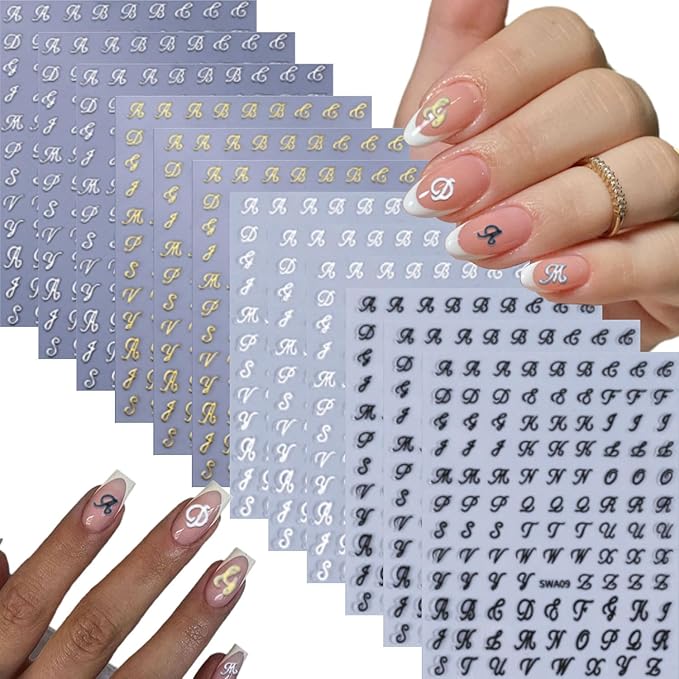 12 Sheets English Letters Nail Stickers for Nail Art 3D Self-Adhesive Retro Gold Silver Nail Decals Black White English Pattern Design Nail Art Stickers for Women Manicure Tip DIY