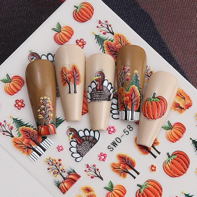 4Pcs Fall Nail Stickers 3D Pumpkin Maple Leaves Thanksgiving Nail Decals Orange Tree Nail Art Stickers 5d DIY Self Adhesive Nail Design Decoration