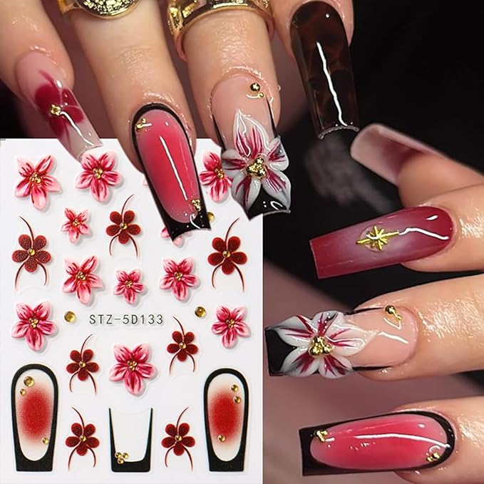 Fall Nail Stickers Flowers Nail Decals 5D Self-Adhesive Embossed Flower French Tip Design Nail Art Sticker Autumn Holiday Manicure DIY Acrylic Decoration for Women Party Nails