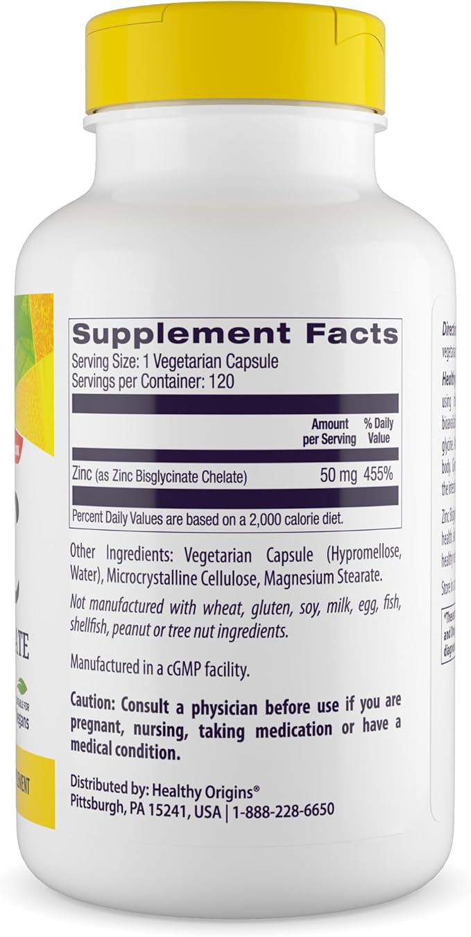 Healthy Origins Zinc Bisglycinate Chelate 50 Mg (Albion Minerals, Bioavailable, Non-GMO, Gluten Free, Immune Support), 120 Veggie Caps