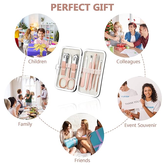 Geosar 12 Sets Manicure Set Nail Clippers Pedicure Kit 8 in 1 Grooming Stainless Steel Kits Nail Care Tools with Travel Case Xmas Gifts Christmas Stocking Stuffers for Men Women(Rose Gold)
