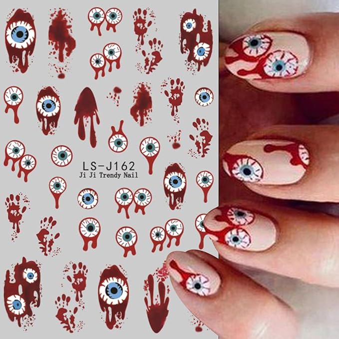 Halloween Nail Art Stickers Flower Ghost Pumpkin Nail Decals 6PCS Black Cat Blood Eye Ball Palm Cartoon Design 3D Self-Adhesive Halloween Stickers Manicure Supply for Women DIY Nail Art Decorations