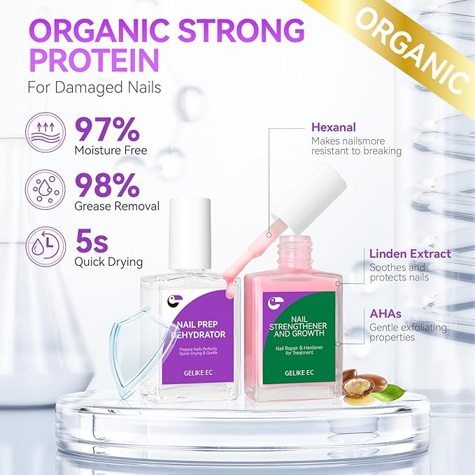 Gelike EC Nail Strengthener Dehydrator Kit: Soft Pink 6-in-1 Strengthener and Dehydrator Set for Stronger in 14 Days - Vegan Allergy-Friendly for Gel Lovers & Sensitive Users