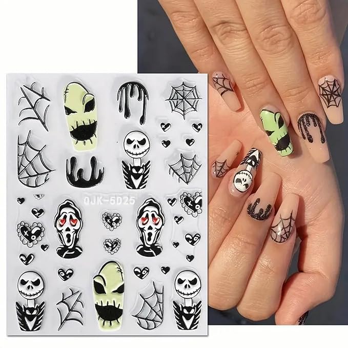 Halloween Nail Art Stickers 5D Embossed Scary Ghost Nightmare 3D Self-Adhesive Nail Decals Terror Scar Mask Designs Nail Supplies Halloween DIY Manicure Decorations for Women