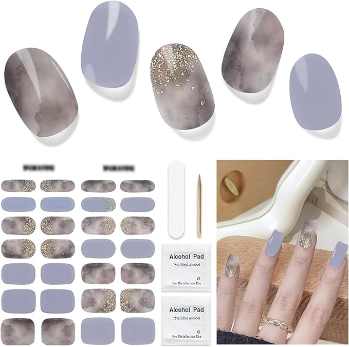 Semi Cured Gel Nail Strips, 28 pcs UV Gel Nail Stickers Full Nails Wraps for Women Home DIY Nails Art, UV Light Required(Blue Ink Painting)