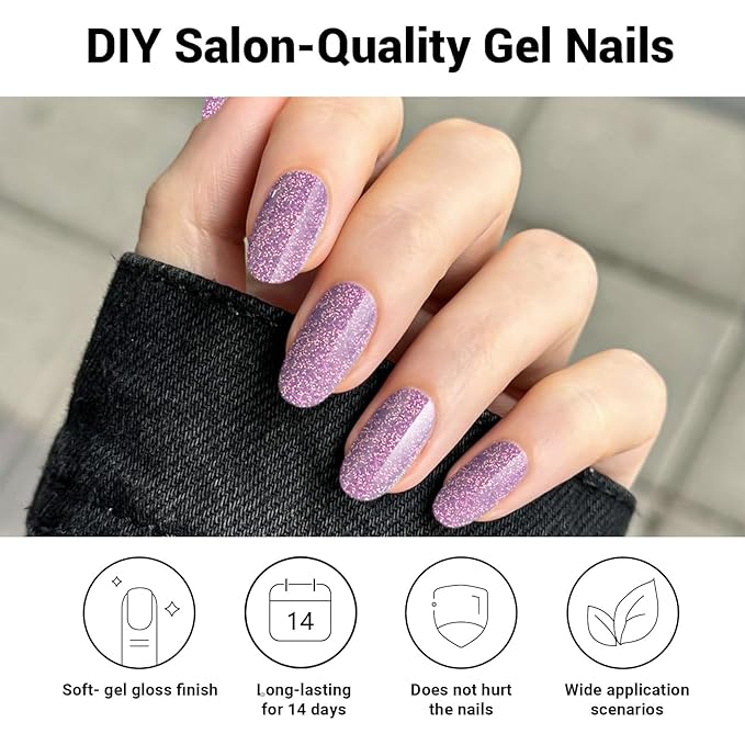 Semi Cured Gel Nail Strips, Purple Sparkle | 28 pcs Gel Nail Strips Work with Any UV Lamp, Salon Quality UV Nails Stickers, Easy to Apply for Home Nails DIY