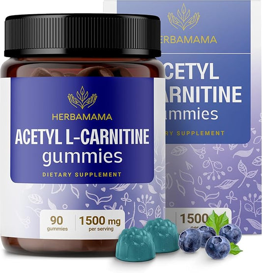 HERBAMAMA ALCAR Acetyl L-Carnitine 1500mg Gummies - L Carnitine Supplement for Energy, Focus & Brain Support - Vegan, Non-GMO - 90 Pectin-Based Blueberry-Flavored Chews