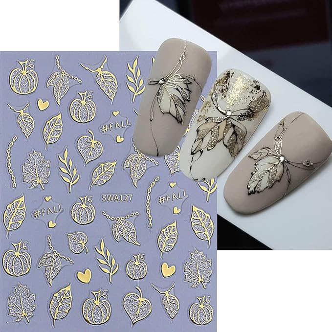 Fall Nail Art Stickers, Gold Maple Leaves Nail Decals 3D Self-Adhesive with Pumpkin Maple Leavers Design Gold Fall Nails Stickers 6Pcs Glitter Nail Art Supplies for Women Nail Decoration