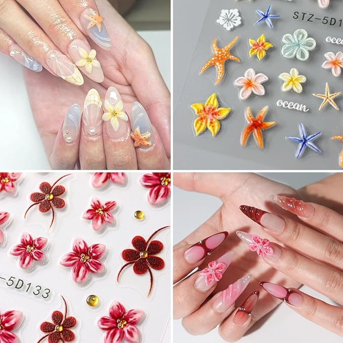 Cute Flowers Nail Art Stickers 5D Embossed Flower Nail Decals with Rhinestones Design Nail Stickers Self-Adhesive Colorful Floral Starfish Nail Decal French Sticker for Women Summer Hawaii Nails Decor